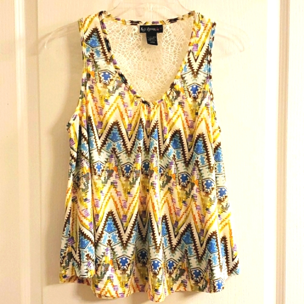 Self Esteem Geometric Crochet Tank Top in Yellow and Blue NWOT